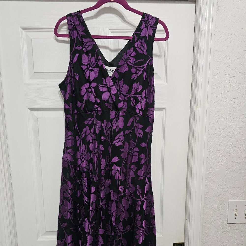 Another Time black dress with purple floral detail sz16